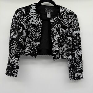 Alex Evenings Cropped Jacket Size 6 Sequined Floral Black White‎ Sparkle Party